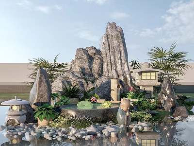 Tranquil Garden Ornament with Rockery Water Feature Stone Lantern Green Plants and Pebbles 3d model