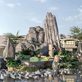 Tranquil Garden Ornament with Rockery Water Feature Stone Lantern Green Plants and Pebbles