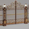 Ornate Wrought Iron Gate With Golden Decorations And Two Lanterns