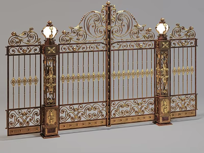 Ornate Wrought Iron Gate With Golden Decorations And Two Lanterns 3d model