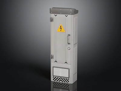 Gray Electrical Enclosure With Yellow Lightning Warning Sign Lockable Door And Ventilation Grill 3d model