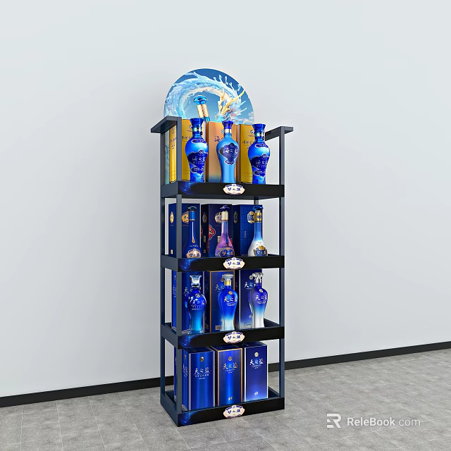 Multi tiered Black Display Shelf With Blue Bottles For Retail Product Showcase 3d model 
