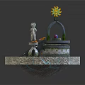 Cartoon Scene Fountain With Two Lizards Archway Sunflower Steps Colorful Eggs And Small Animals