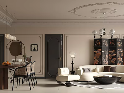 Modern Living and Dining Room Interior With Sofa Dining Table Chandelier And Decorative Screen 3d model