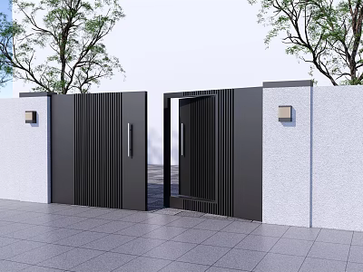 Modern Black Entrance Gate With White Wall Side Lamps Trees And Gray Floor Tiles 3d model
