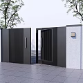 Modern Black Entrance Gate With White Wall Side Lamps Trees And Gray Floor Tiles
