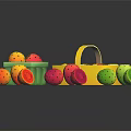 Colorful Fresh Fruits in Green and Yellow Baskets with Sliced Ones on Black Background