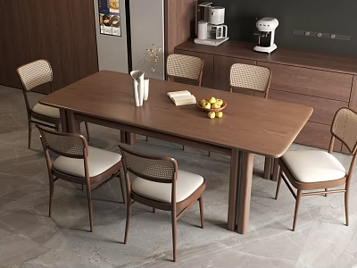 Contemporary Wooden Dining Table Set With Woven Back Chairs Light Cushions And Fruit Bowl 3d model
