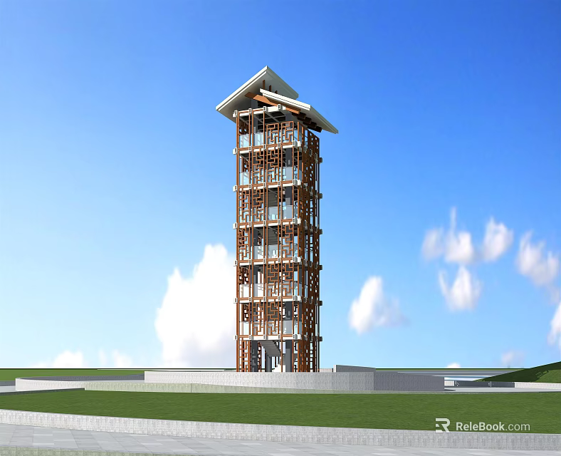 Modern Wooden Tower With Multi Story Structure And Green Lawn Under Blue Sky 3d model 