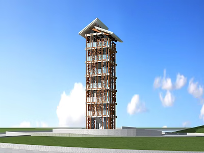 Modern Wooden Tower With Multi Story Structure And Green Lawn Under Blue Sky 3d model