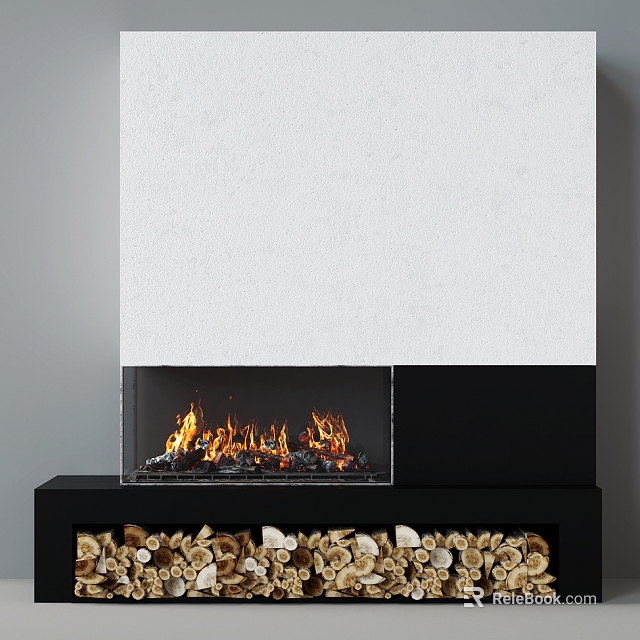 Contemporary Fireplace With Burning Flames And Firewood In Black Base Under White Wall 3d model 