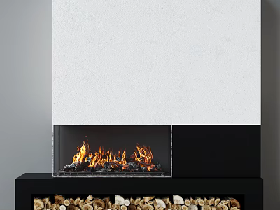 Contemporary Fireplace With Burning Flames And Firewood In Black Base Under White Wall 3d model