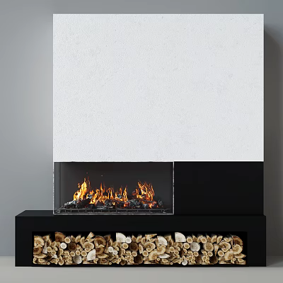 Contemporary Fireplace With Burning Flames And Firewood In Black Base Under White Wall 3d model