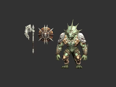 Game and Movie Character Armored Reptilian Creature with Spiked Axe and Shield 3d model