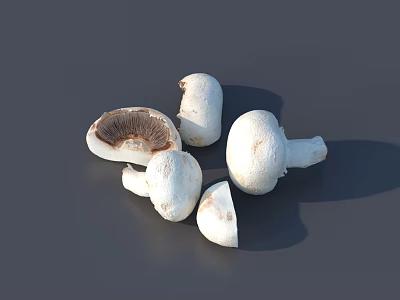 Fresh White Mushrooms With Sliced And Whole Pieces On Dark Surface 3d model