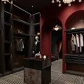 Elegant Clothing Store Interior With Red Walls Chandeliers Dark Shelves Mannequin Hanging Clothes