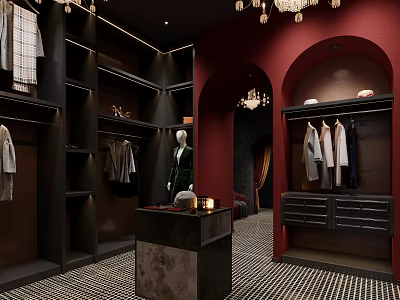 Elegant Clothing Store Interior With Red Walls Chandeliers Dark Shelves Mannequin Hanging Clothes 3d model