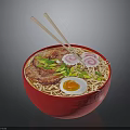 Delicious Ramen In Red Bowl With Soft Boiled Egg Pork Slice And Green Vegetables