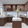 Chinese Style Kitchen Interior With Dark Wood Cabinets Marble Island And Glass Door Upper Cabinets