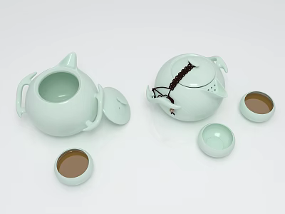 Elegant Light Green Teaset Featuring Teapot With Lid And Small Matching Cups 3d model