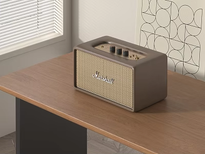 Marshall Bluetooth Speaker On Wooden Table With Geometric Wall Decor And Natural Light 3d model