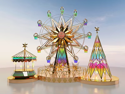 Vibrant Ferris Wheel Carousel And Colorful Cone Structure In Amusement Park 3d model