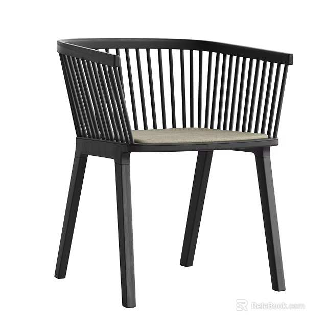 Modern Dark Wooden Dining Chair With Slatted Back And Light Upholstered Seat 3d model 