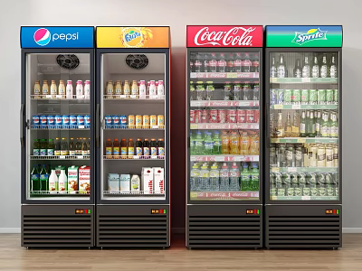 Colorful Glass Door Beverage Coolers Filled With Pepsi Coca Cola Sprite Drinks And Bottled Beverages 3d model