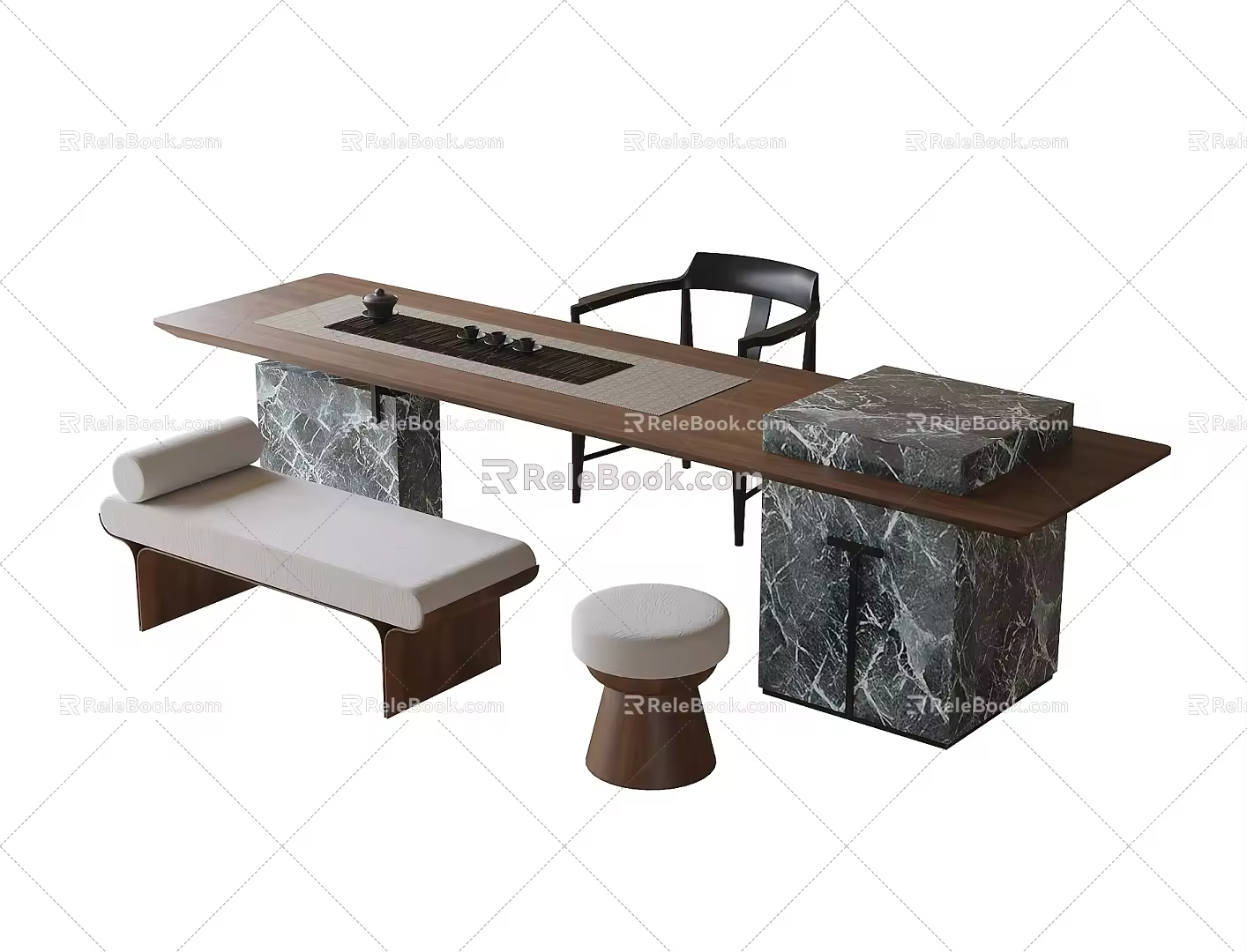 Modern Tea Table and Chair Combination Tea Table Stool Bench Tea Set 3d model