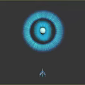 Blue Glowing Fluffy Sphere With Small Flying Object On Dark Background