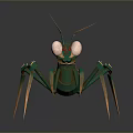 Futuristic 3D Mechanical Mantis Character With Green Body Gold Accents And Red Eyes