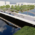 Scenic Landscape Bridge Over Water With Sail Canopy Greenery Reflection And Modern Buildings