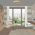 Modern Study Room Interior With Wooden Bookshelf Beige Armchair Large Window And Desk