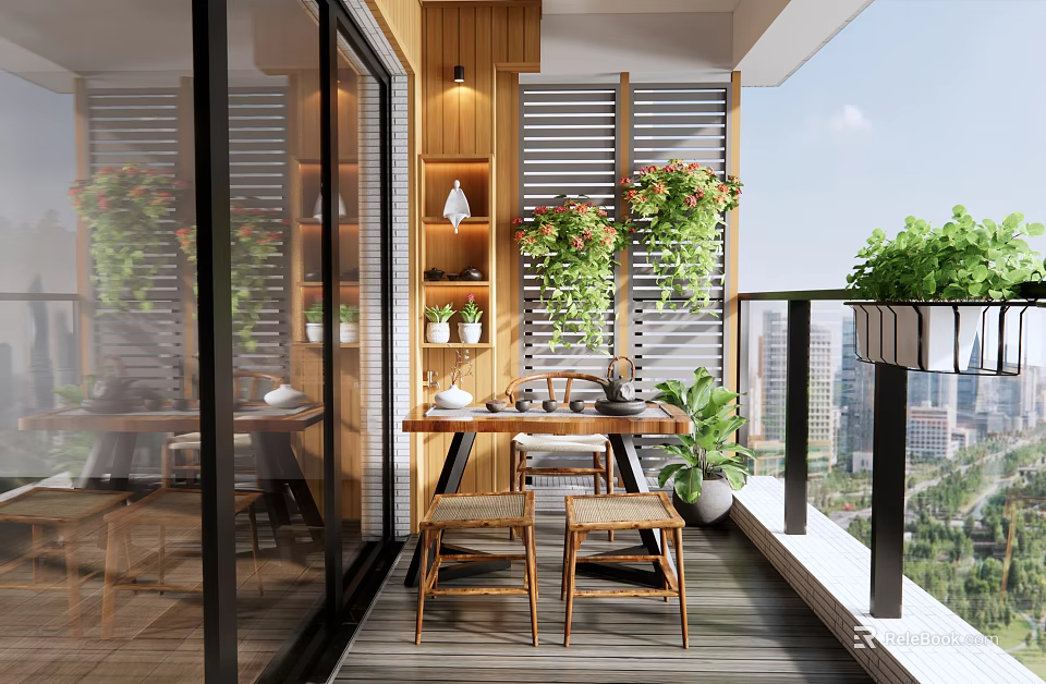 Stylish Home Balcony With Wooden Slat Walls Green Plants Table Chairs And City View 3d model 