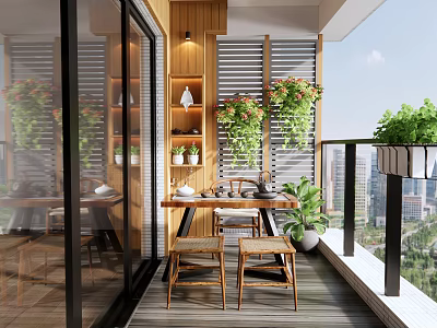 Stylish Home Balcony With Wooden Slat Walls Green Plants Table Chairs And City View 3d model