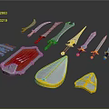 Assorted Weapons Collection Including Swords Daggers Shields With Colorful Decorative Designs