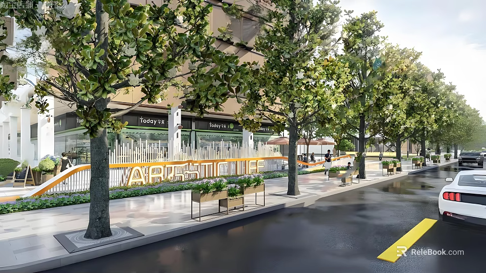 Vibrant Modern Commercial Street Featuring Trees Shops Fountain and Clean Pavement 3d model 