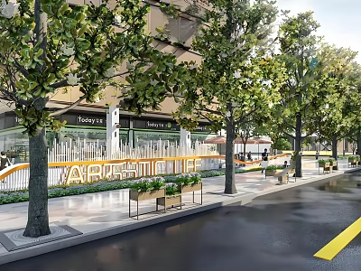 Vibrant Modern Commercial Street Featuring Trees Shops Fountain and Clean Pavement 3d model