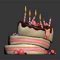 Layered Birthday Cake With Lit Candles Fresh Strawberries Blueberries Chocolate Sauce And A Slice Taken