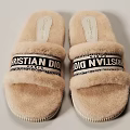 Beige Fluffy Home Slippers With Black Letter Straps And Logo Design