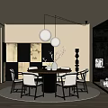 Modern Oriental Restaurant Interior With Round Dining Table Spherical Pendant Lights Fireplace And Decorative Paintings