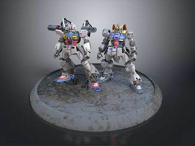 Detailed Robot Model Figures As Mechanical Creatures With Colorful Armor On Circular Textured Base 3d model