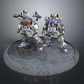 Detailed Robot Model Figures As Mechanical Creatures With Colorful Armor On Circular Textured Base