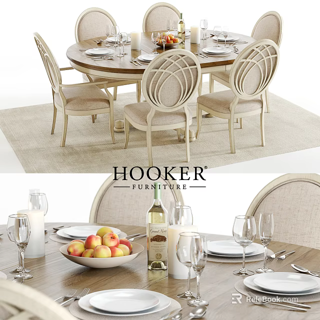 Elegant Dining Table Set With Upholstered Chairs Tableware Fruits And Wine Glasses 3d model