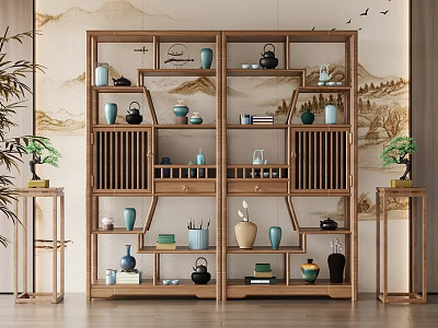 Chinese-style Wooden Shelf Displaying Teapots Vases Books Decorative Items and Potted Plants with Landscape Art 3d model