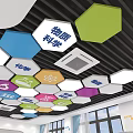 School Science Technology Classroom With Colorful Hexagonal Ceiling Science Icons Blue White Tables Chairs 3d model