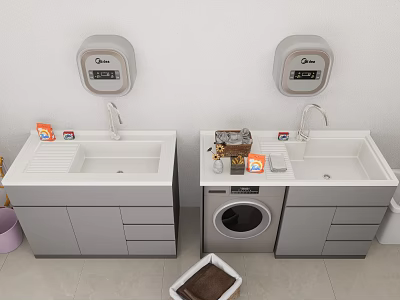Modern Double Washbasin Vanity With Automatic Hand Dryers Toiletries And Storage Drawers 3d model