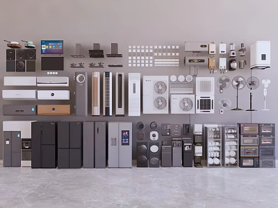Diverse Collection of Essential Household Appliances Including Refrigerators TVs and Fans 3d model