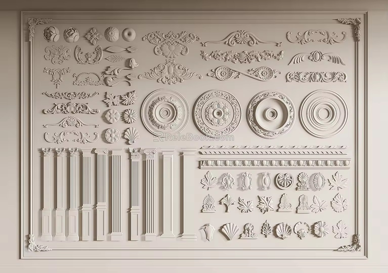 French carved plaster line carved pillar lamp panel corner line 3d model