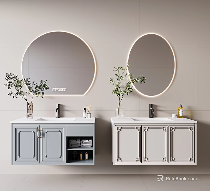Modern Double Bathroom Washbasin With Round Backlit Mirrors And Potted Plants 3d model